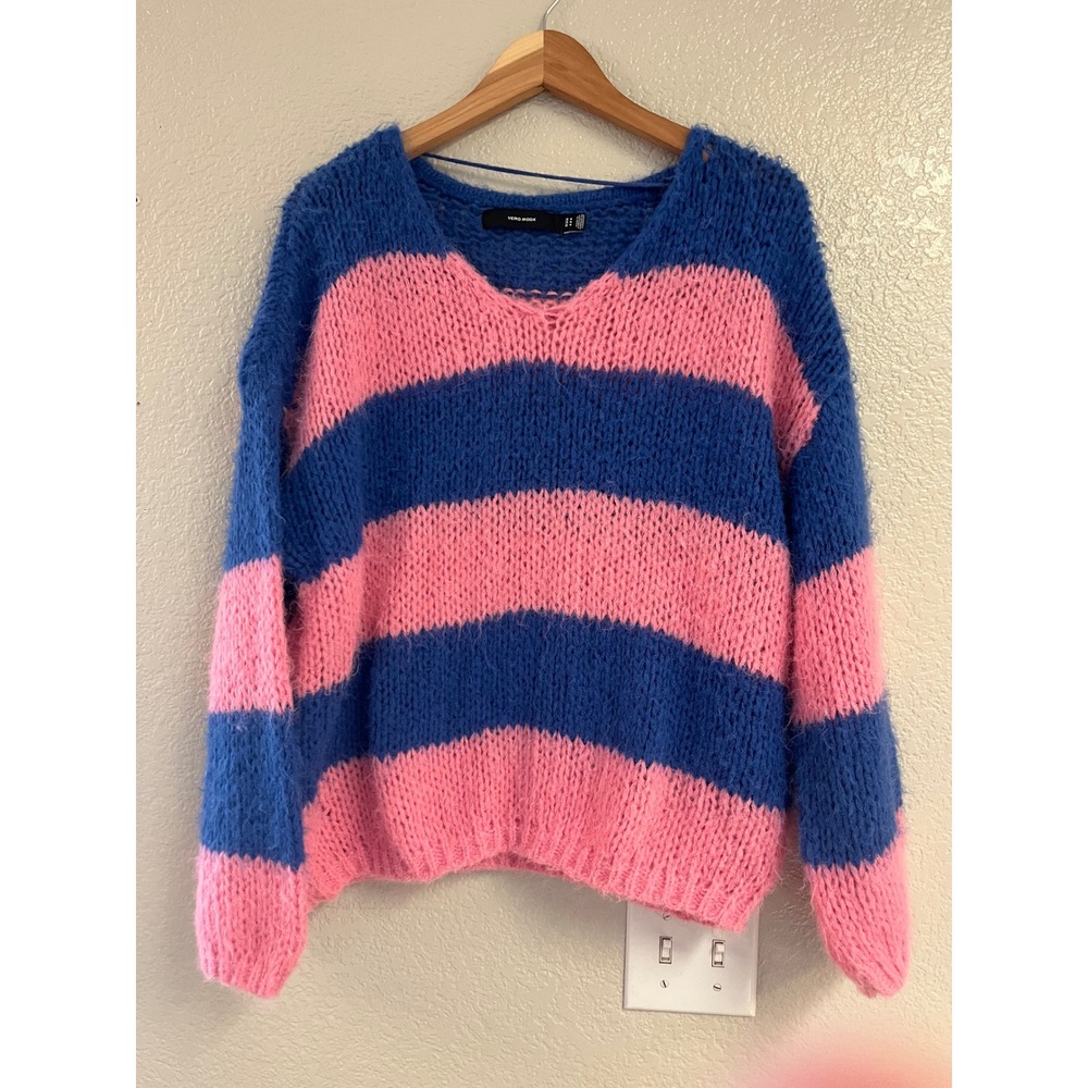 Vero Moda Pink Blue Striped V-Neck Pullover Fuzzy Chunky Knit Sweater Size M